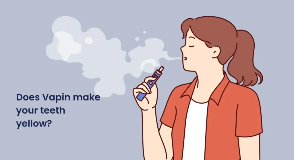 A young woman vaping with visible vapor around her mouth, illustrating how vaping can affect oral health and cause yellow teeth over time.