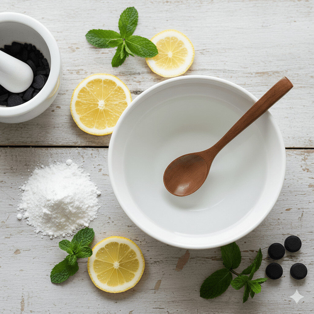 Flat lay of natural teeth whitening ingredients, including baking soda and a small bowl of water.