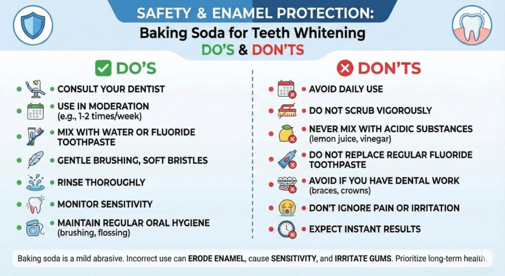 Infographic showing the do's and don'ts of using baking soda for teeth whitening.