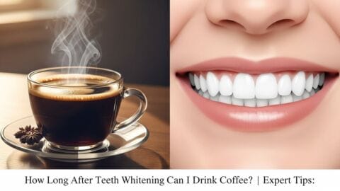 A steaming cup of coffee placed next to a bright white smile, symbolizing the connection between coffee and teeth whitening.