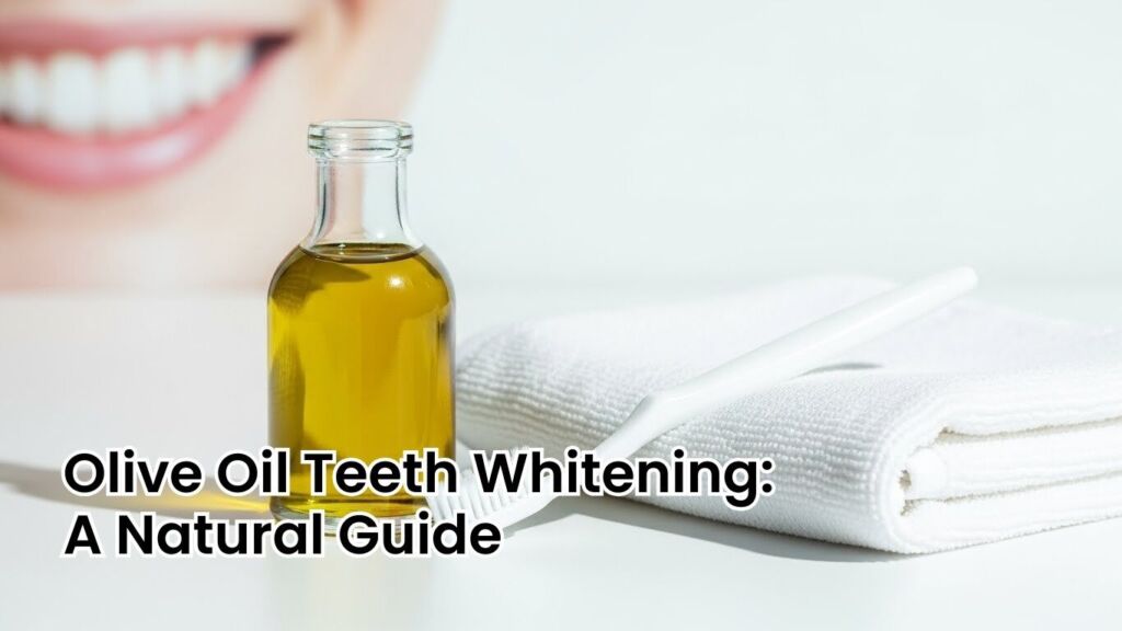 A bottle of extra virgin olive oil placed next to a toothbrush and a white towel, symbolizing natural teeth whitening remedies, with a bright and clean background.