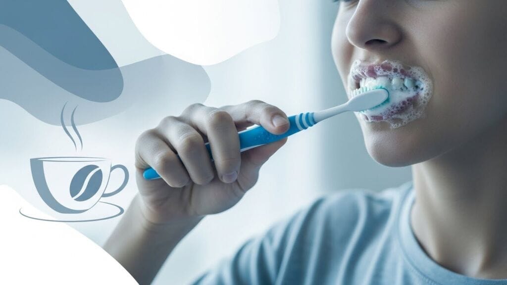 Person brushing their teeth with whitening toothpaste as part of an oral hygiene routine to prevent coffee stains.