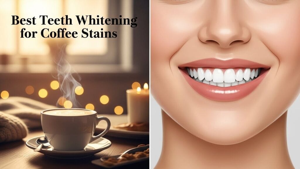 Split-screen image of a coffee cup and a bright white smile, representing the best teeth whitening for coffee stains