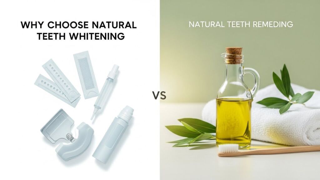A split-screen comparison graphic showing chemical teeth whitening products on one side and natural remedies like olive oil on the other, highlighting the benefits of natural teeth whitening methods with soft, natural colors.